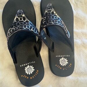 Yellow Box Black Sandals with Metallic Accents